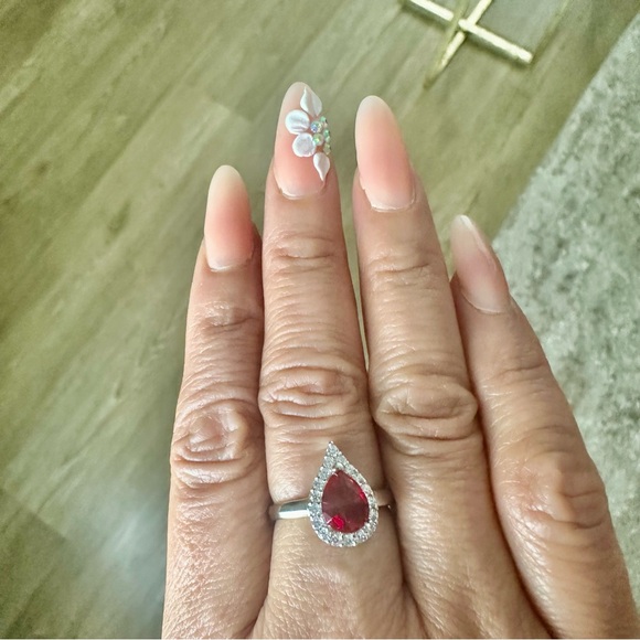 Sterling Silver 925 Set Red Teardrop Ring Earrings Necklace Zircons Solid - Picture 9 of 14